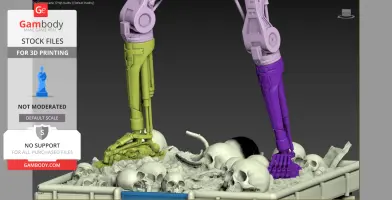 Robot legs standing on a base of skulls, designed for 3D printing.