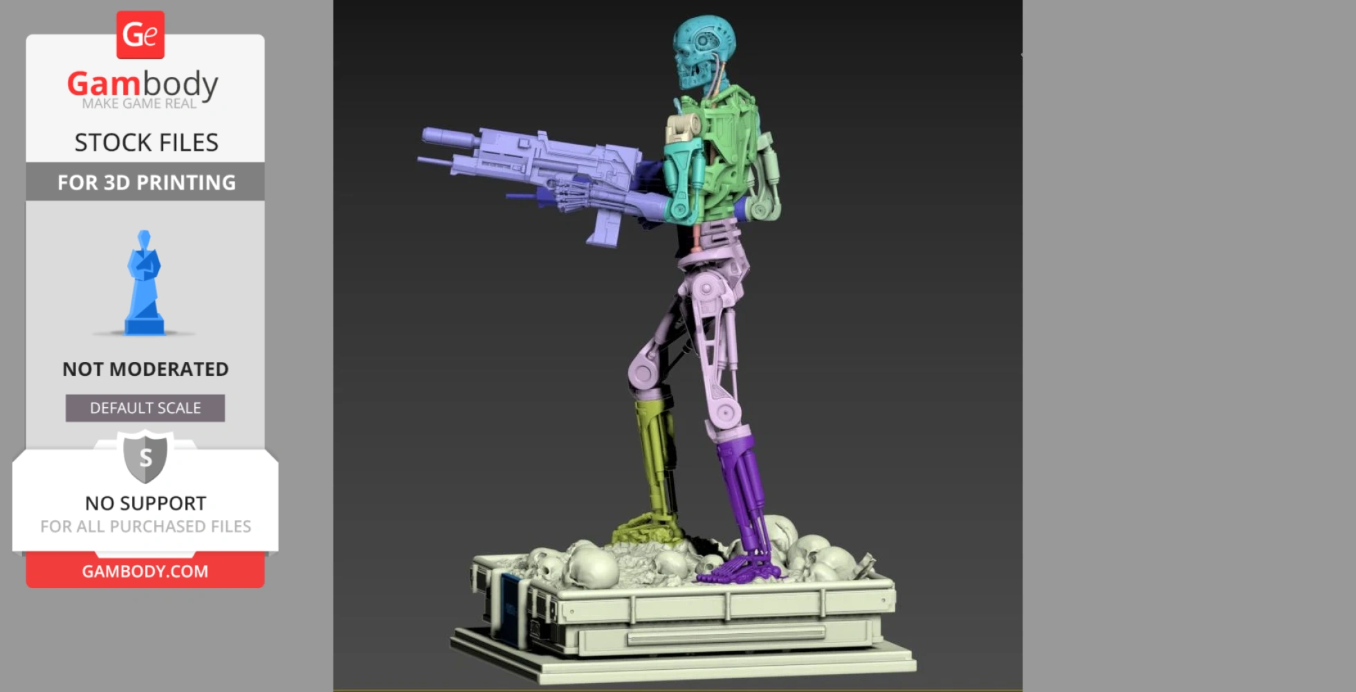 Robot endoskeleton holding a gun, standing on a pile of skulls, in multi-colored segments for 3D printing.