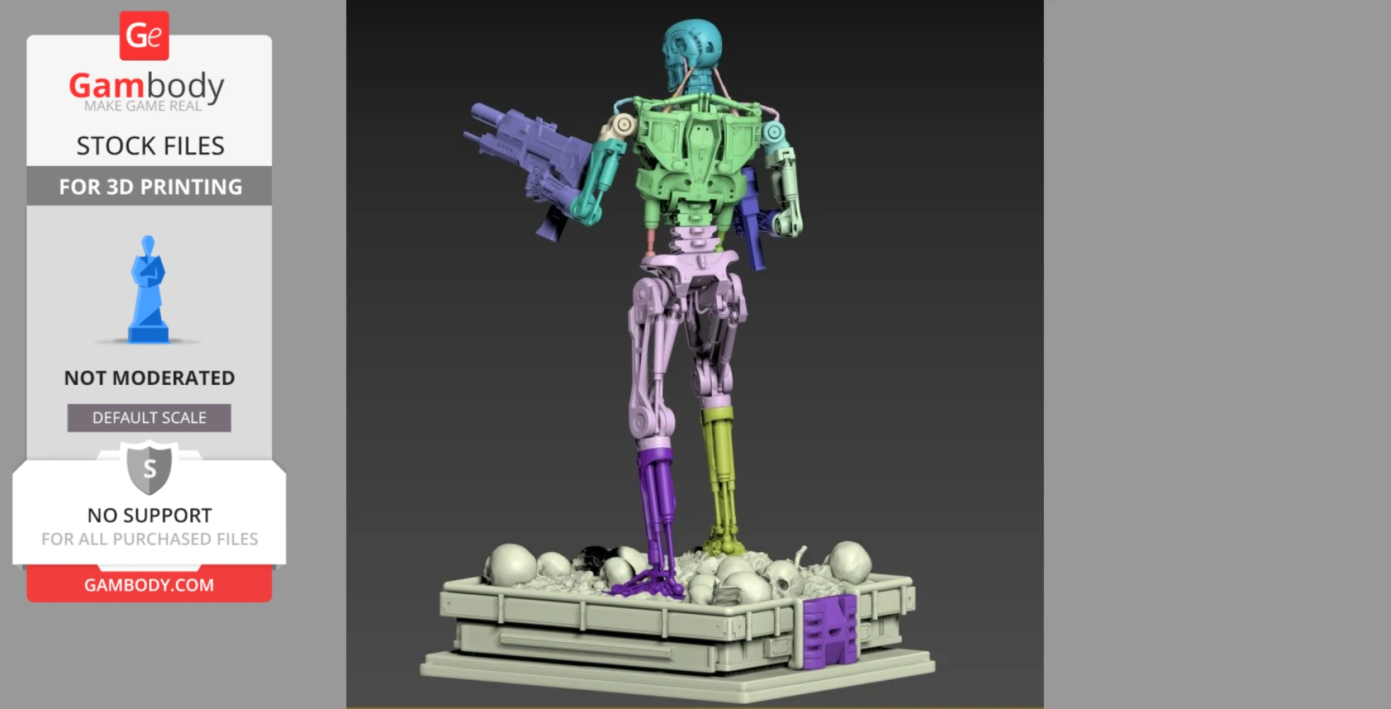 A multicolored 3D model of the Terminator T-800 endoskeleton on a base with scattered skulls.