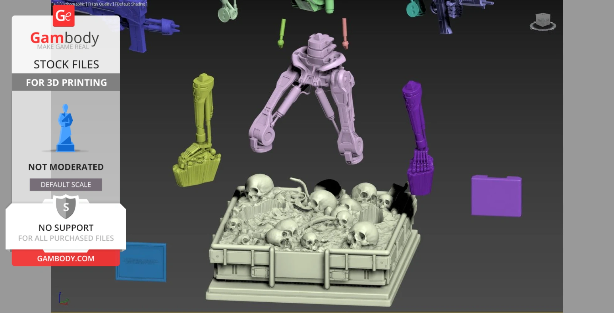 3D model parts of a Terminator T-800 endoskeleton for printing, including limbs and skull-strewn base.