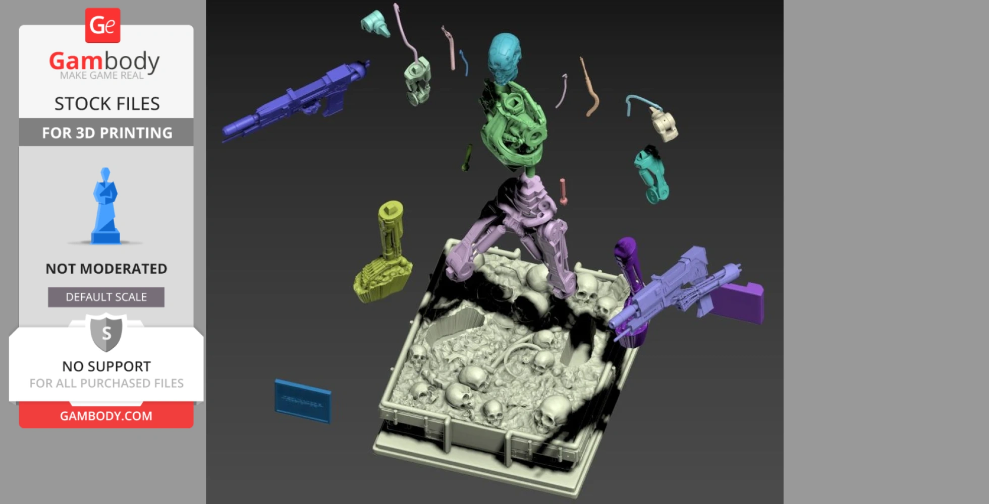 Exploded view of T-800 endoskeleton parts for 3D printing, includes weapons and skull base.