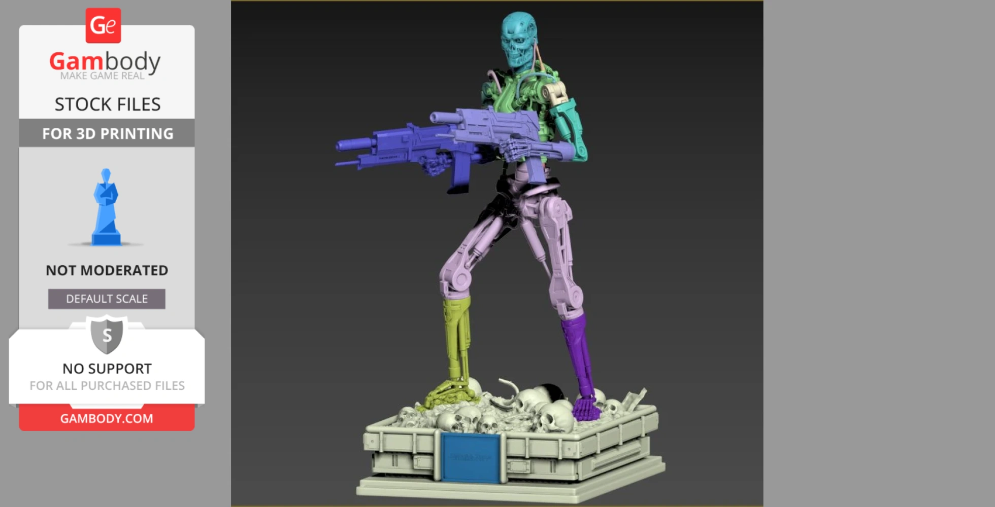 A colorful T-800 Endoskeleton model holding a gun, standing on a base with skulls for 3D printing.