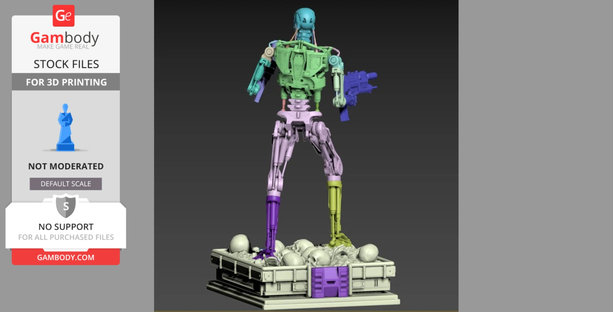 A multicolored 3D model of a robotic endoskeleton, posed on a base with spheres, designed for 3D printing.