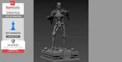 A detailed 3D model of a robotic endoskeleton standing on a base with skulls, designed for 3D printing.