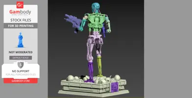 A multicolored 3D model of the Terminator T-800 endoskeleton on a base with scattered skulls.