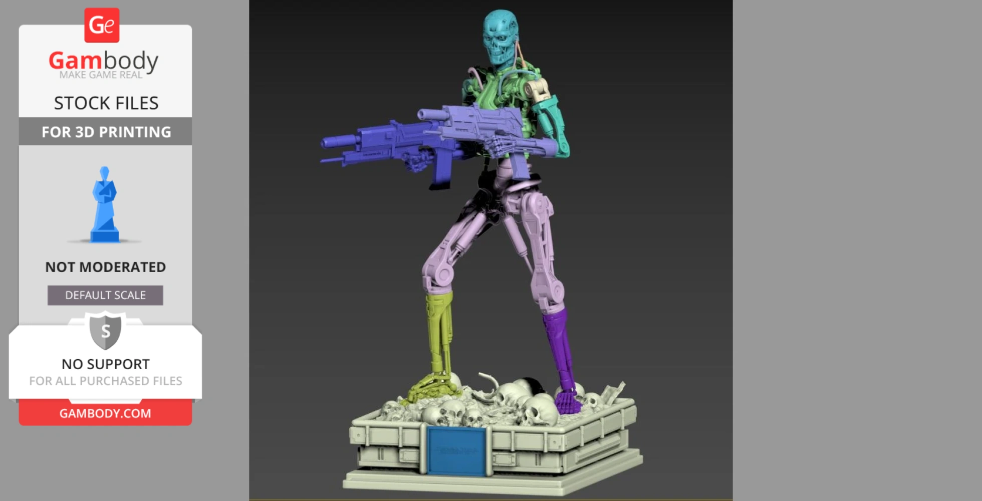 A colorful 3D model of a Terminator T-800 endoskeleton holding a weapon, standing on a skull-covered base.