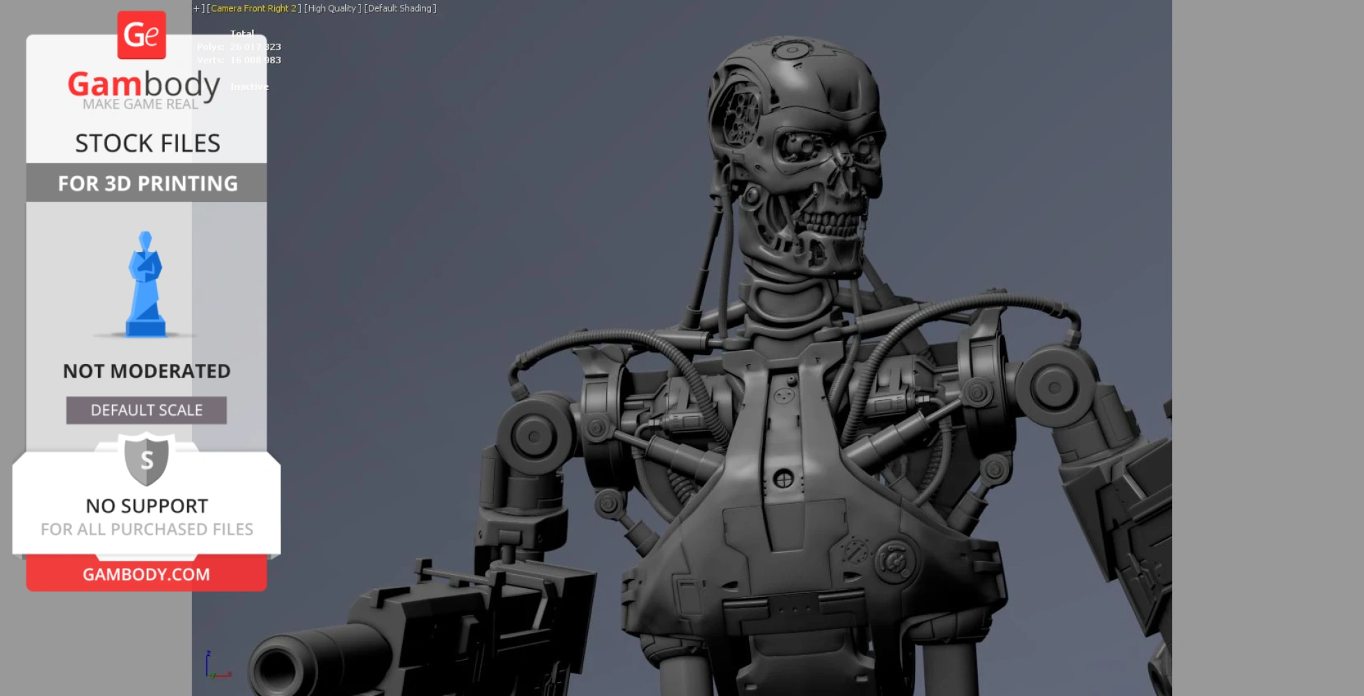 A detailed 3D model of the Terminator T-800 endoskeleton, showcasing its mechanical structure.