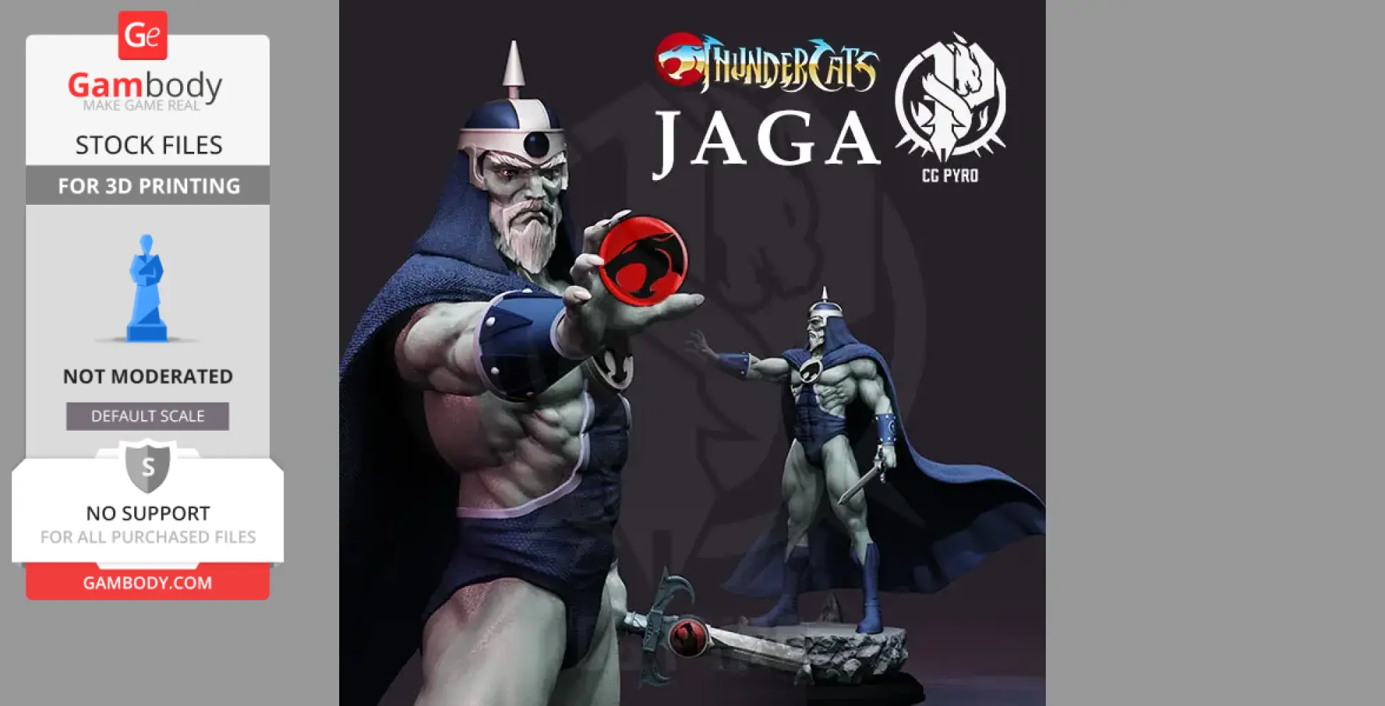 Wizard-like character with cape, helmet, and emblem. Holds a red sphere, stands by a detailed sword.