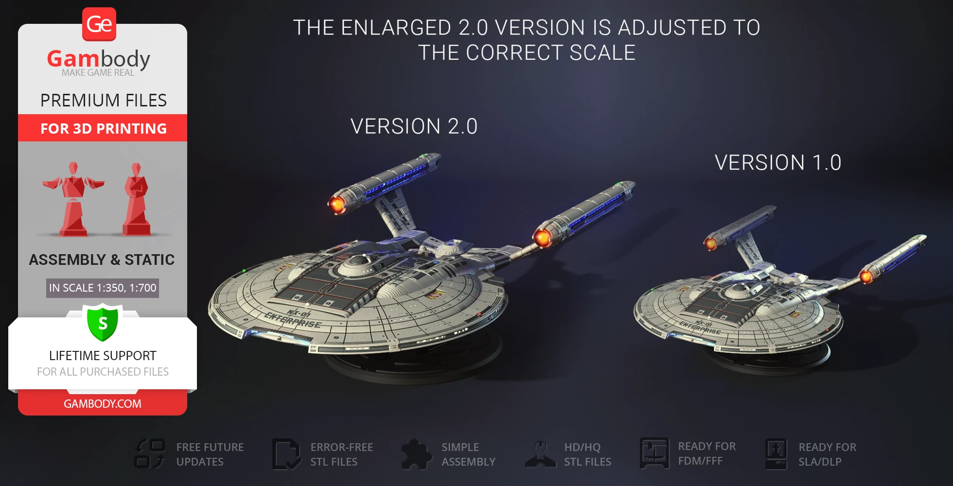 Two 3D printed models of the starship Enterprise NX-01, versions 2.0 and 1.0, displayed side by side.