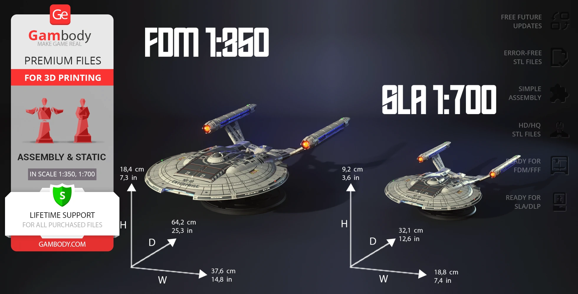Two 3D models of the Enterprise NX-01, in scales 1:350 and 1:700, with dimensions listed.