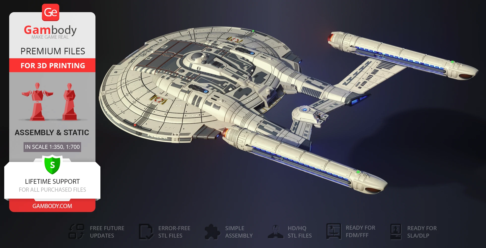 A detailed 3D model of the starship Enterprise NX-01 for 3D printing, advertised on Gambody.