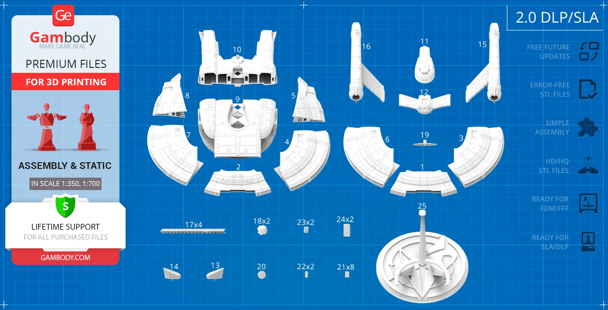 Blueprint-style layout of Enterprise NX-01 3D print parts on a blue background.