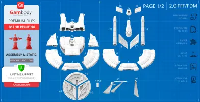 Sheet with labeled STL parts for 3D printing the Enterprise NX-01 model from Gambody.