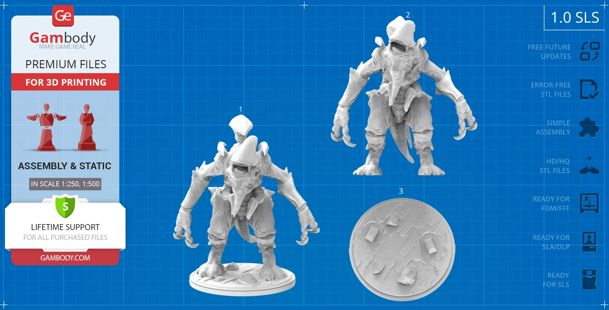 A detailed 3D model of Mutavore Kaiju from Pacific Rim, designed for 3D printing, displayed on a blue grid.