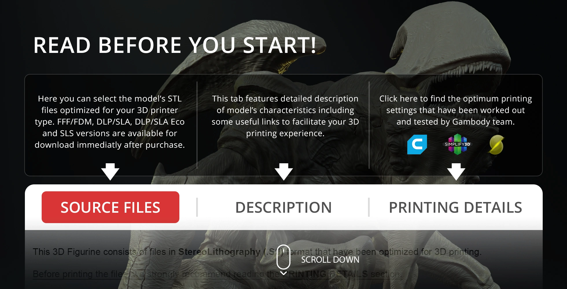 A monster figure with sharp teeth behind instructional text for 3D printing files and settings on Gambody.