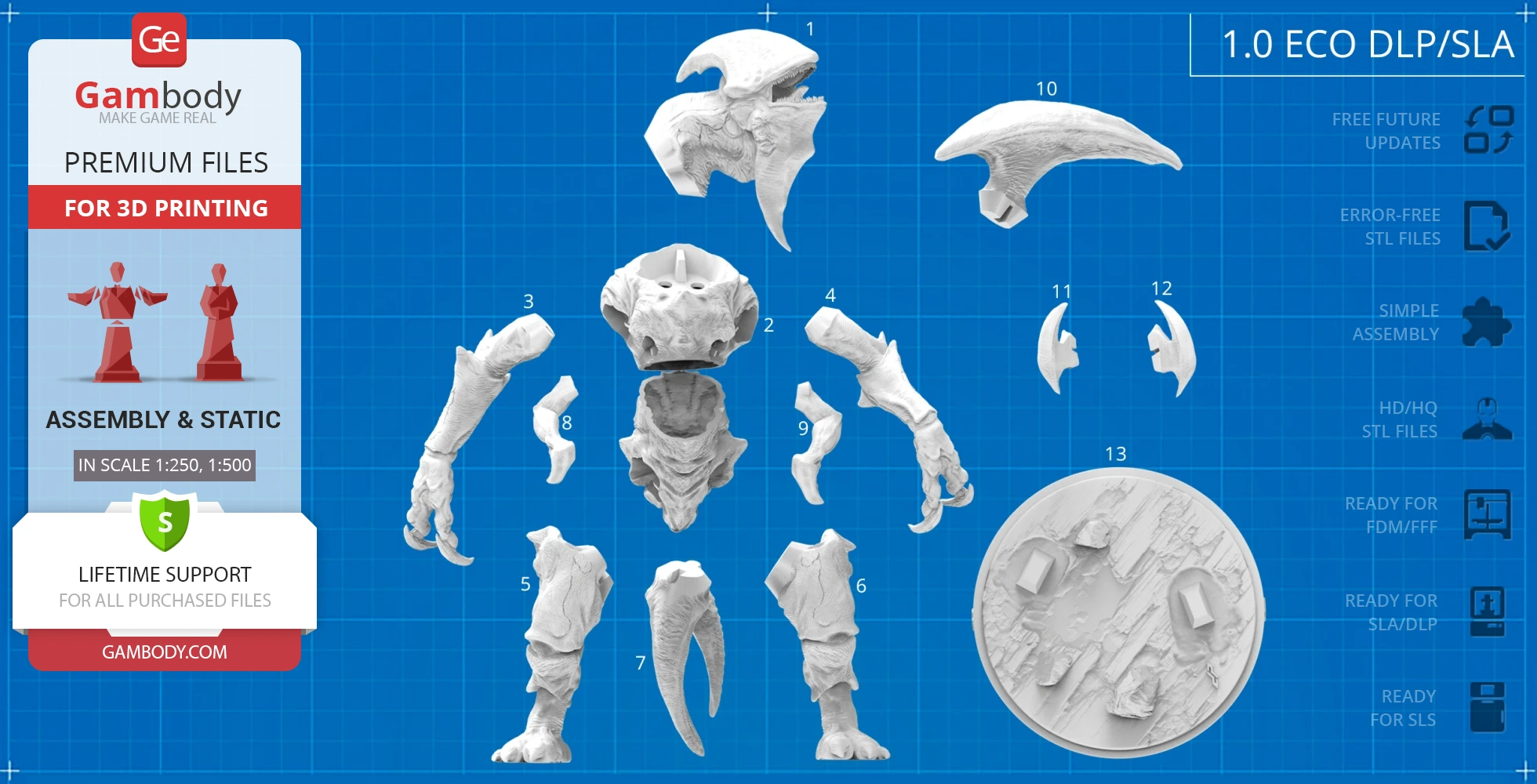 3D model parts of Mutavore Kaiju from Pacific Rim, shown disassembled for 3D printing on a blue background.