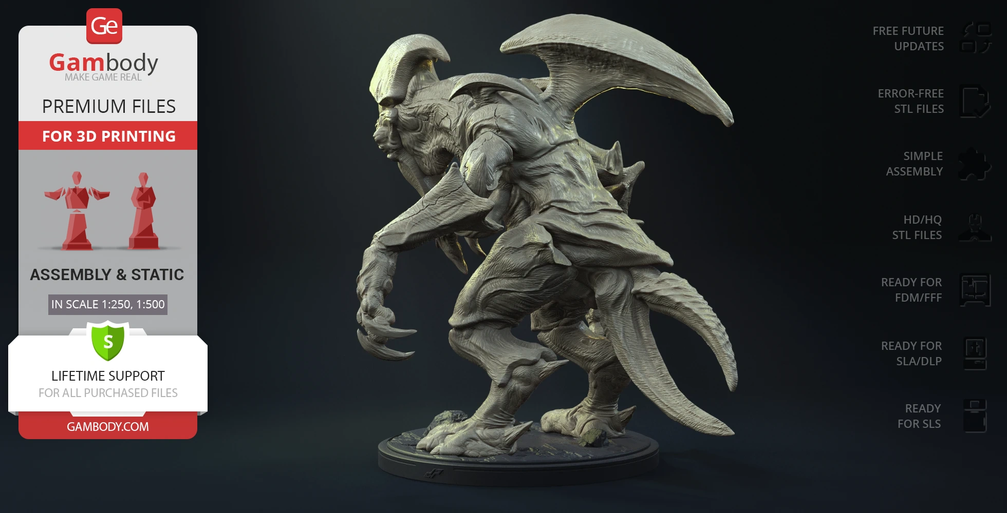 A detailed 3D model of a Mutavore Kaiju from Pacific Rim on a display base, ready for 3D printing.