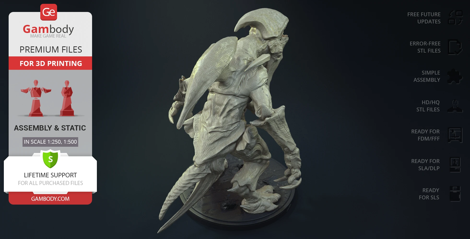 A 3D model of Mutavore, a Kaiju creature from Pacific Rim, displayed on a circular base for printing.