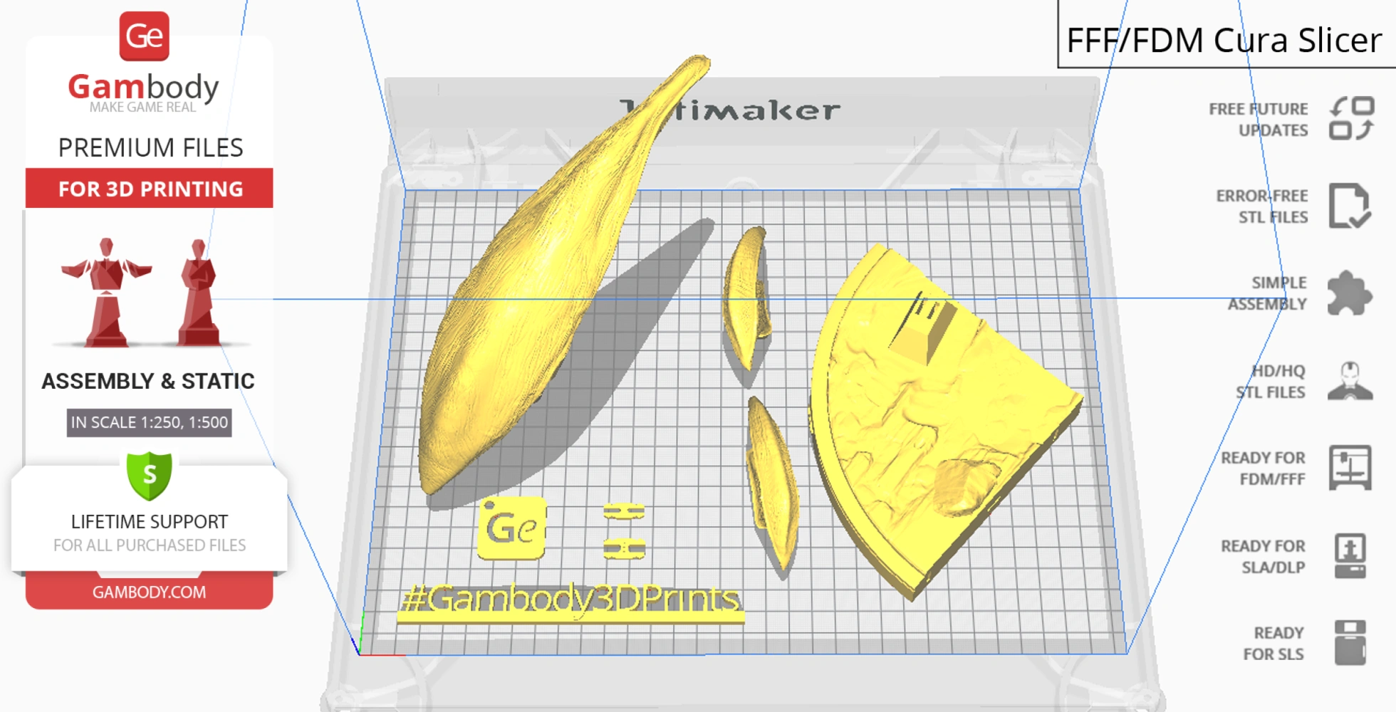 3D printed parts of Mutavore Kaiju model from Pacific Rim, displayed on a grid in Cura slicer software.