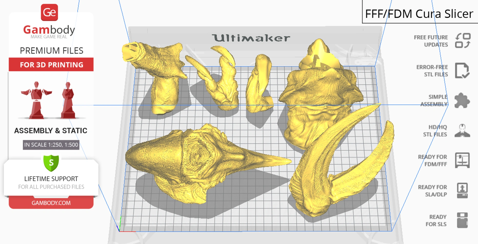 Yellow Mutavore Kaiju 3D model parts on a grid, ready for printing.
