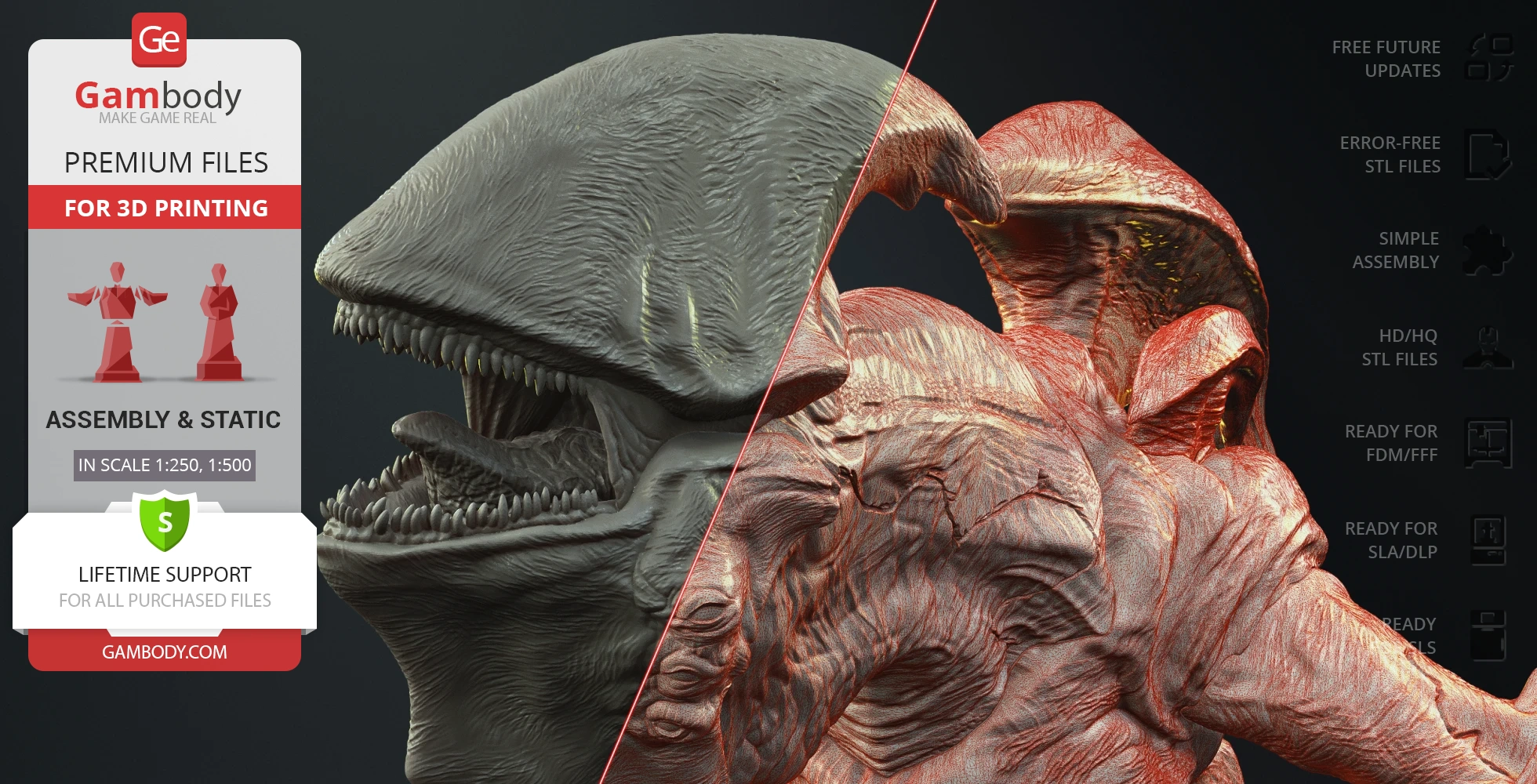 Mutavore Kaiju 3D model split view from Pacific Rim, showing details for 3D printing by Gambody.