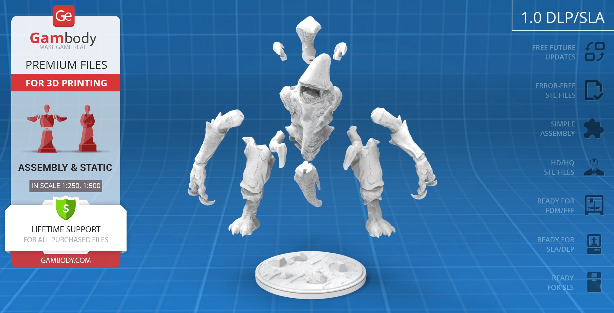 A 3D model of a kaiju creature with multiple limbs and a base, ready for assembly and 3D printing.