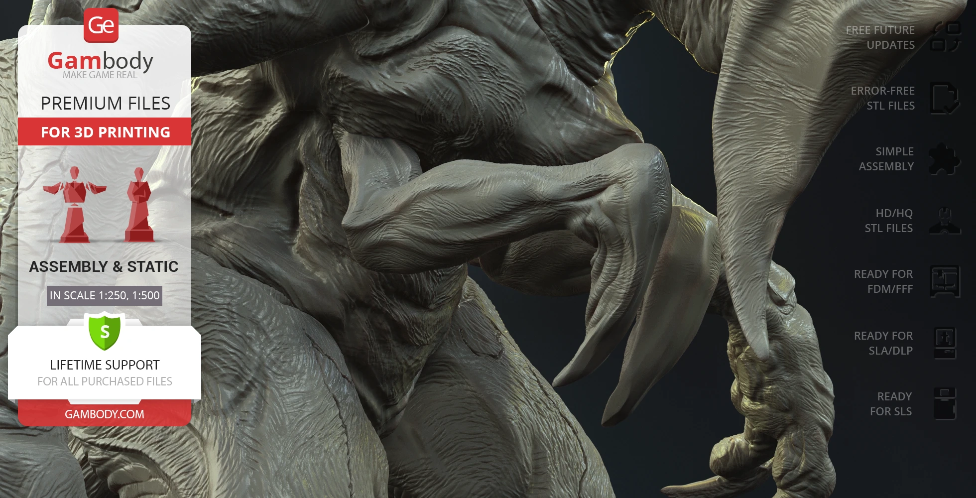 Close-up of a textured, muscular creature model for 3D printing, with robust limbs and detailed skin.