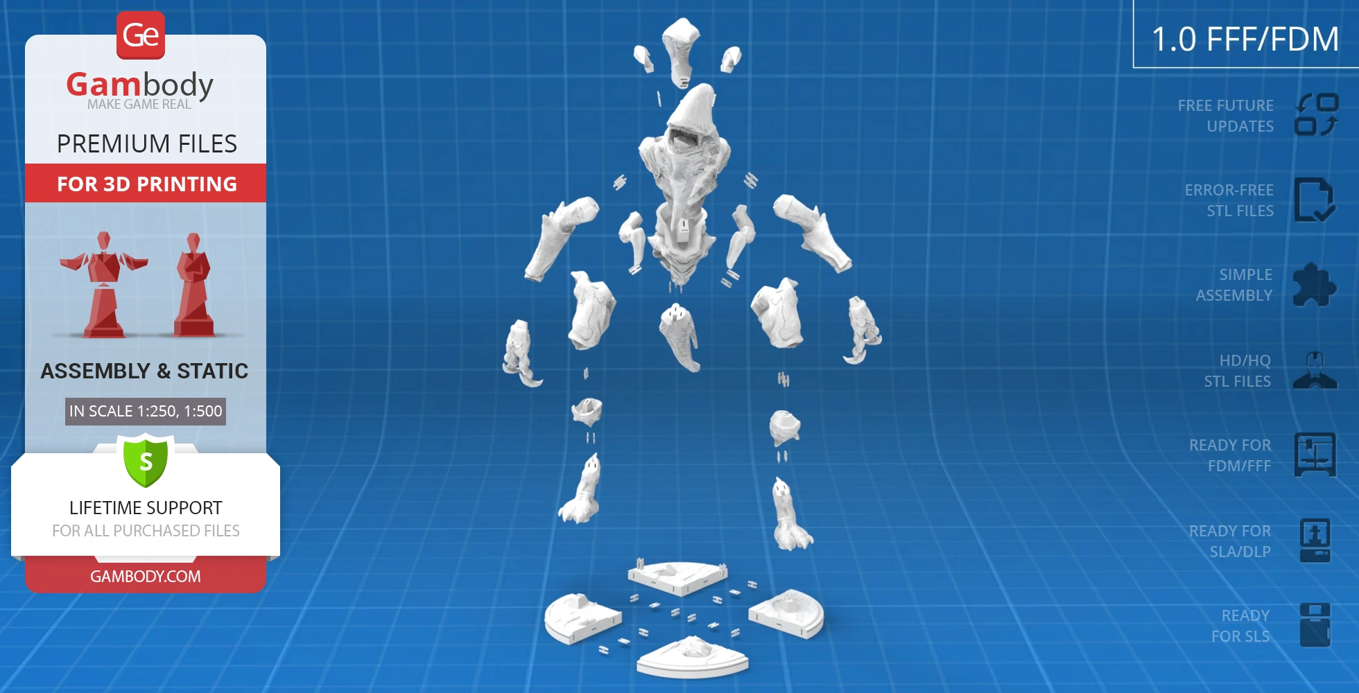 Disassembled Mutavore Kaiju 3D model parts on a blue grid background, ready for 3D printing.