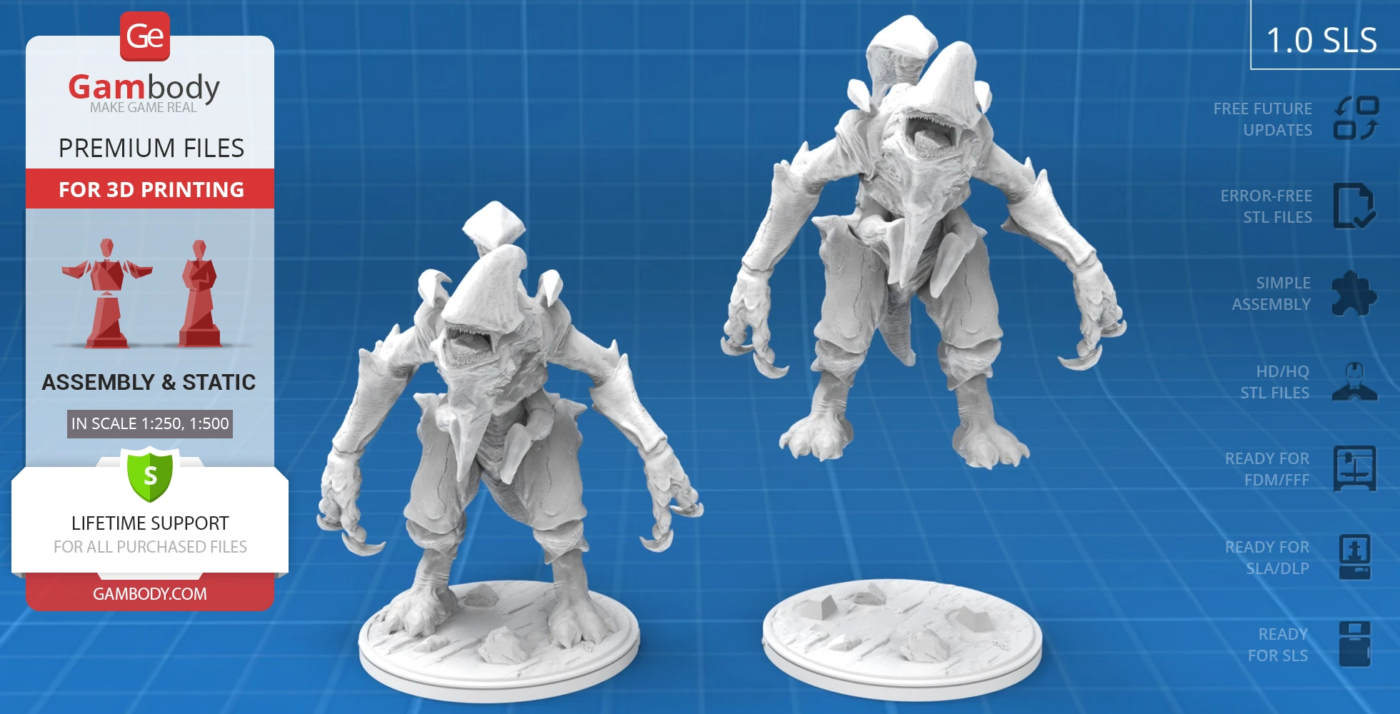 Two detailed 3D printed models of the Mutavore Kaiju from Pacific Rim on display stands.