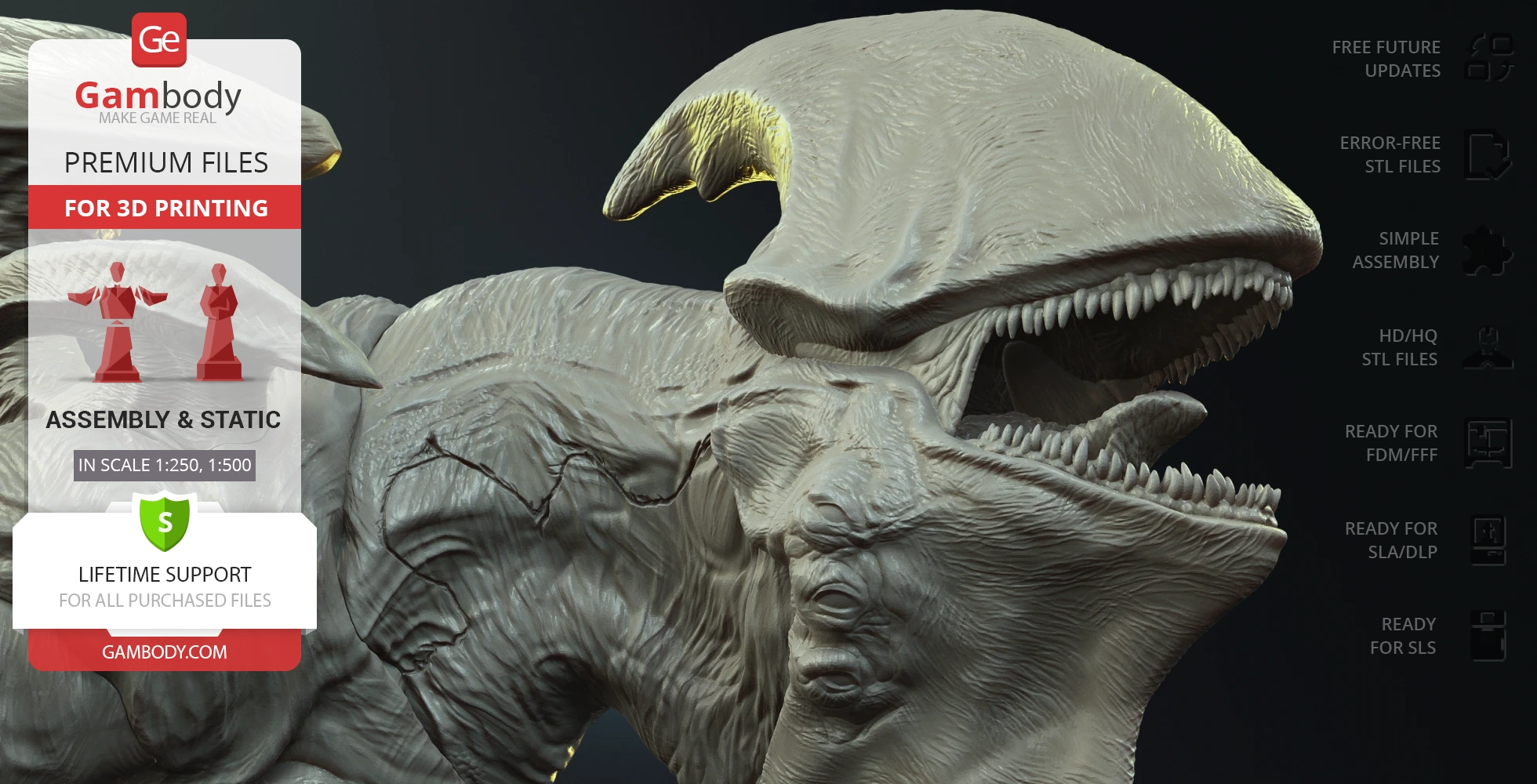 Mutavore Kaiju 3D model with detailed skin texture and open mouth, designed for 3D printing by Gambody.