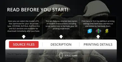 A monster figure with sharp teeth behind instructional text for 3D printing files and settings on Gambody.