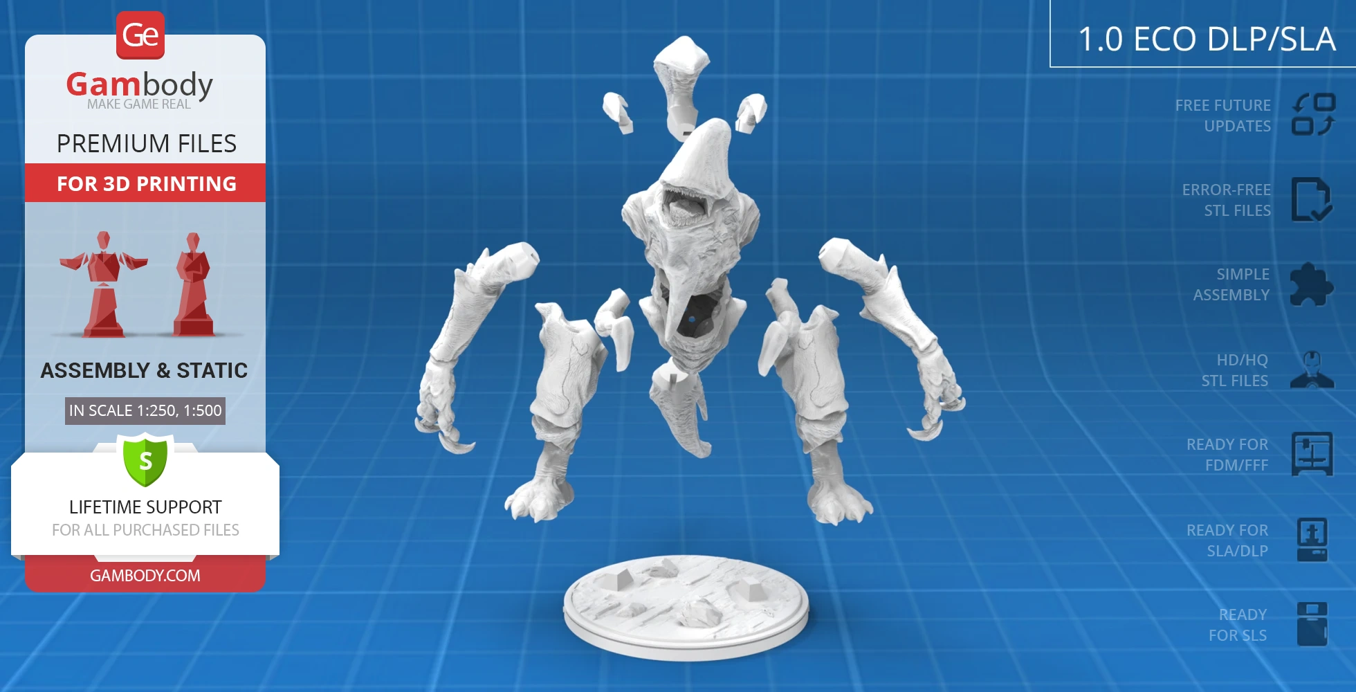White 3D model of a kaiju with bone-like armor and claws, displayed on a blue grid background.