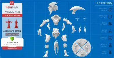 Set of 3D printable parts for Mutavore Kaiju model from Pacific Rim, arranged on a blueprint background.