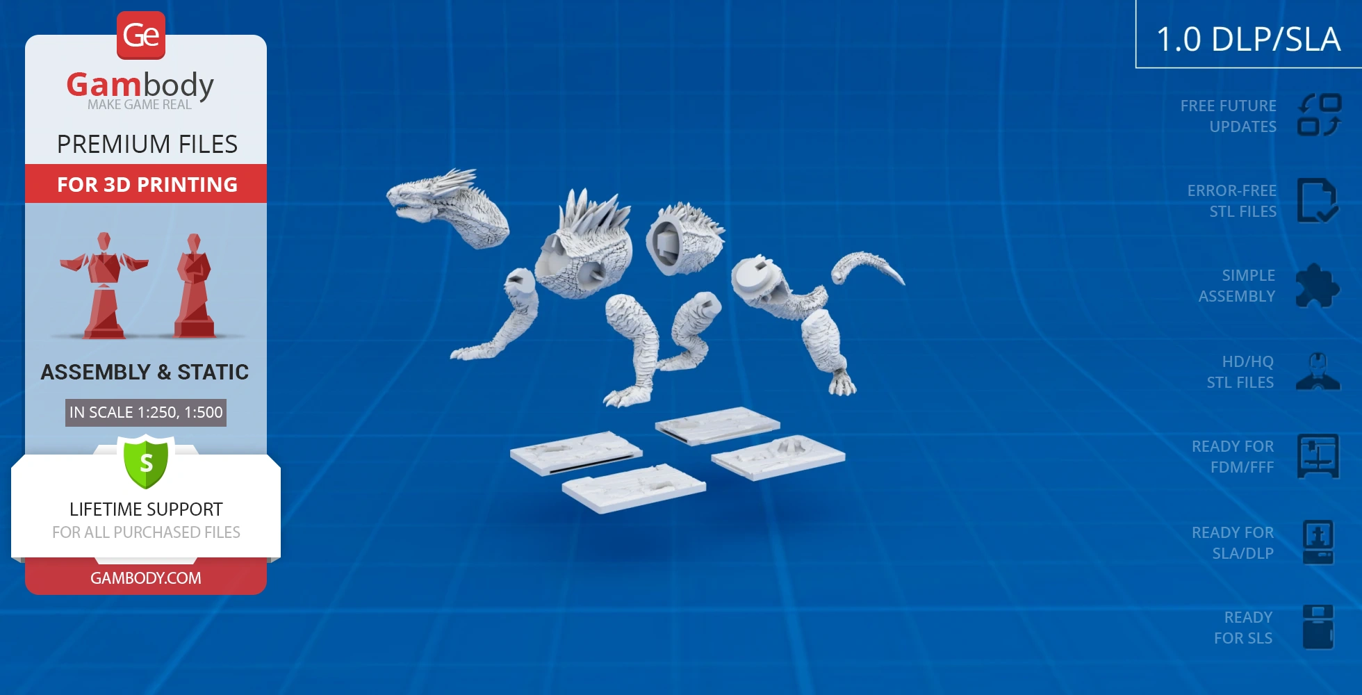 3D printable Shimo Kaiju model parts, including limbs and head, displayed on a blue grid background.
