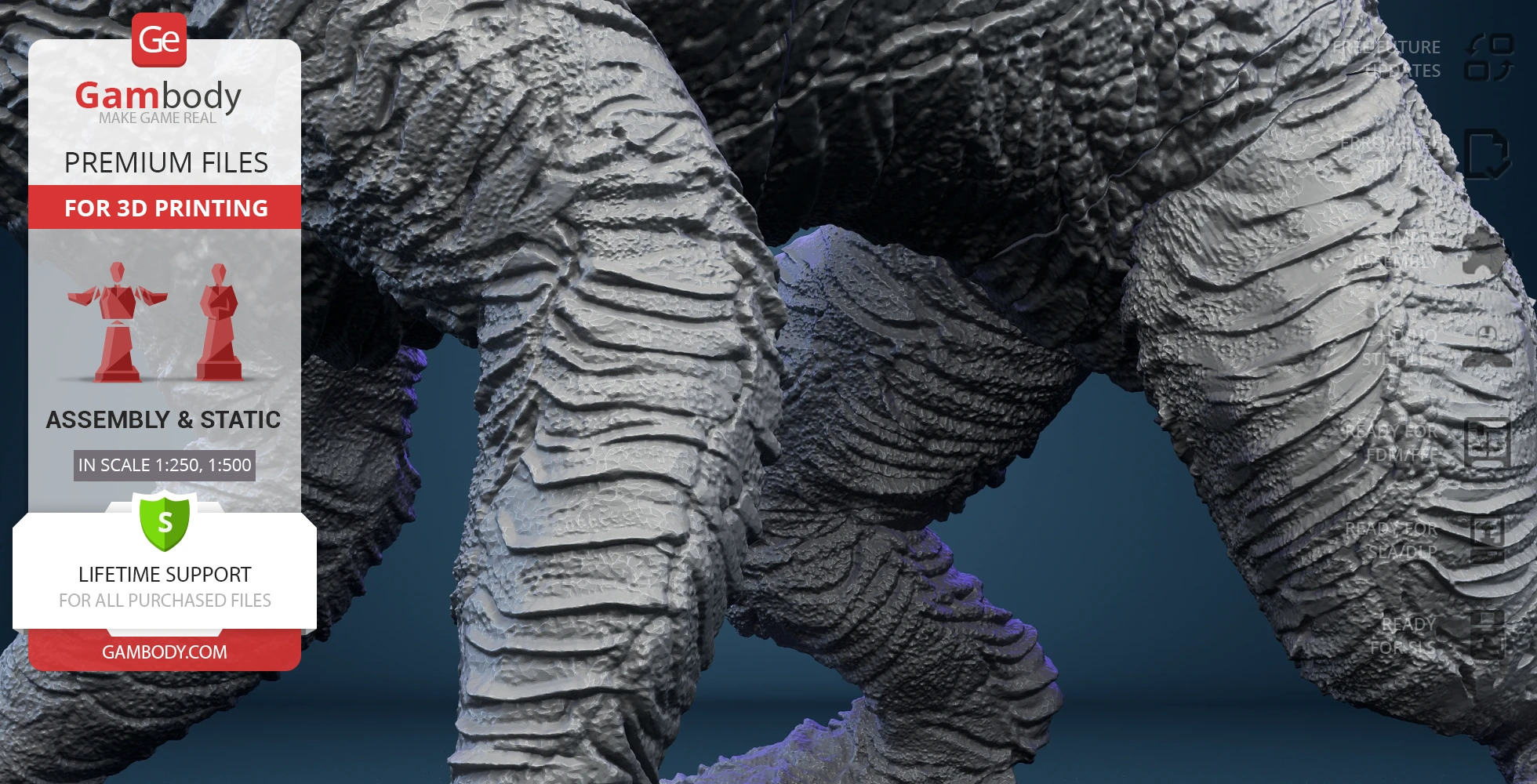 Close-up of a textured, grayish kaiju creature model with rough, layered skin for 3D printing.