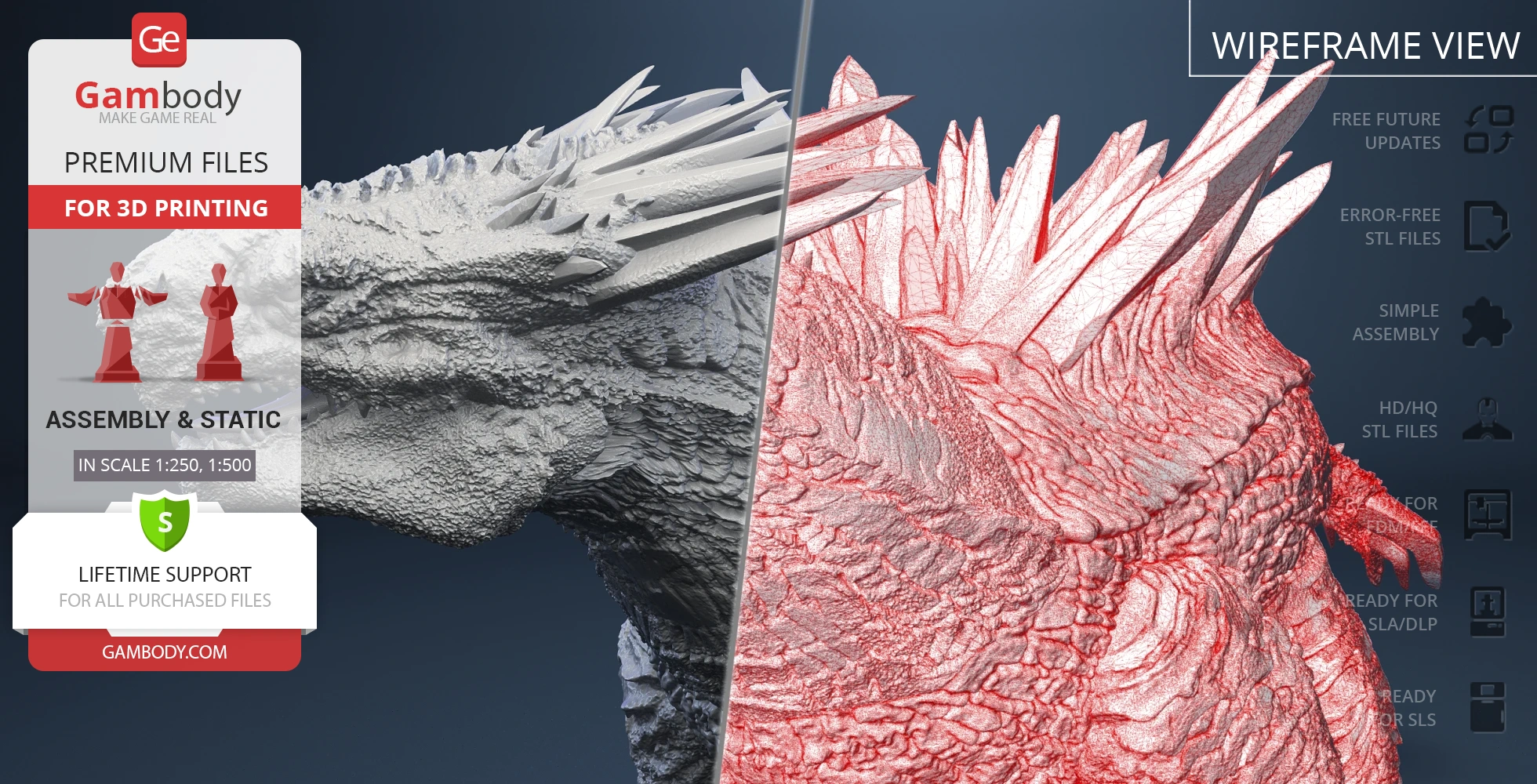 A textured kaiju creature model with detailed spikes, shown in both 3D and wireframe views.