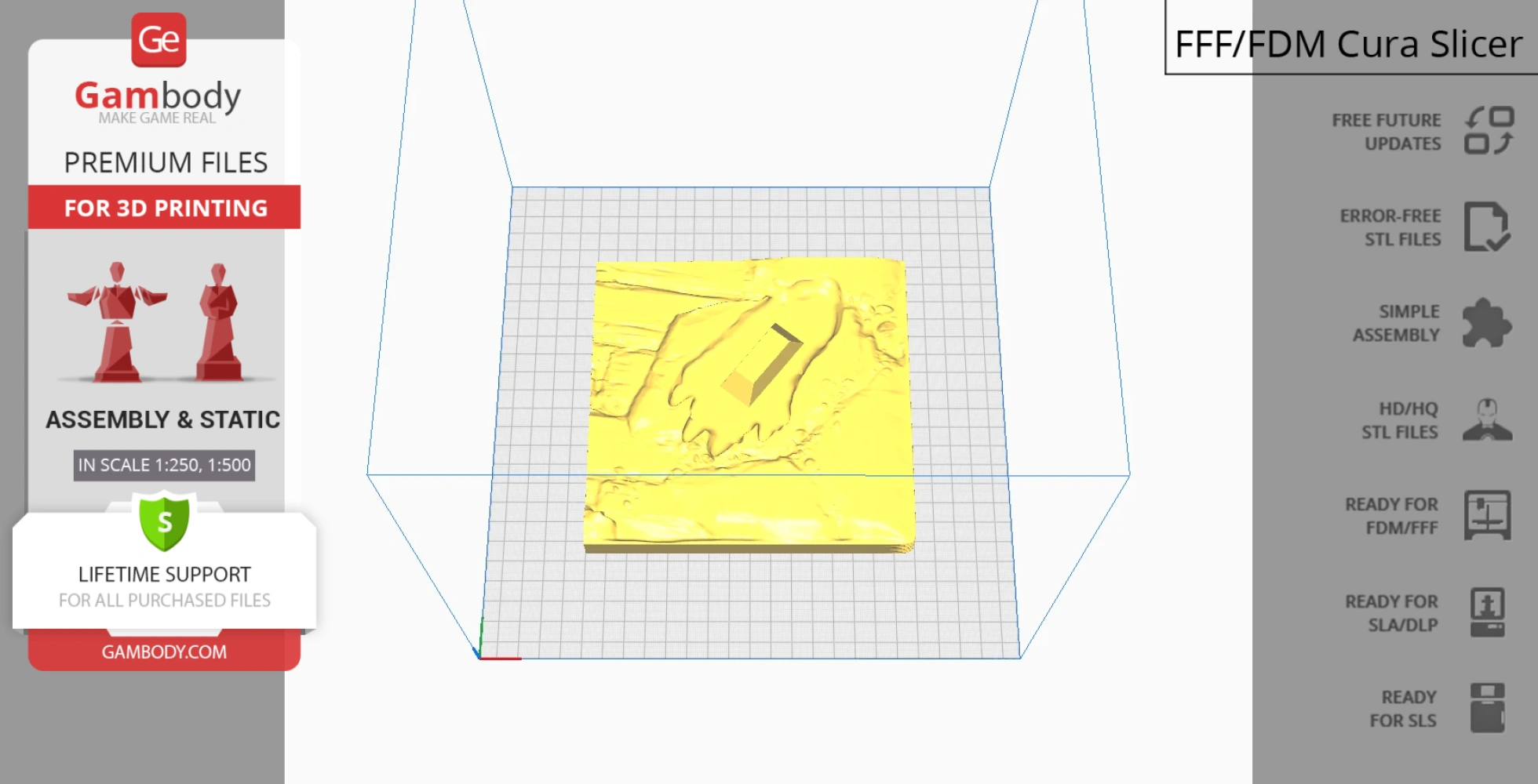 A 3D printing preview of a kaiju-shaped model, displayed horizontally on a build plate in Cura slicer.