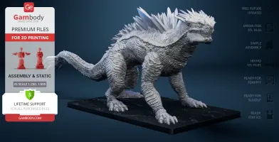 A textured kaiju with spikes and a long tail on a display base for 3D printing.