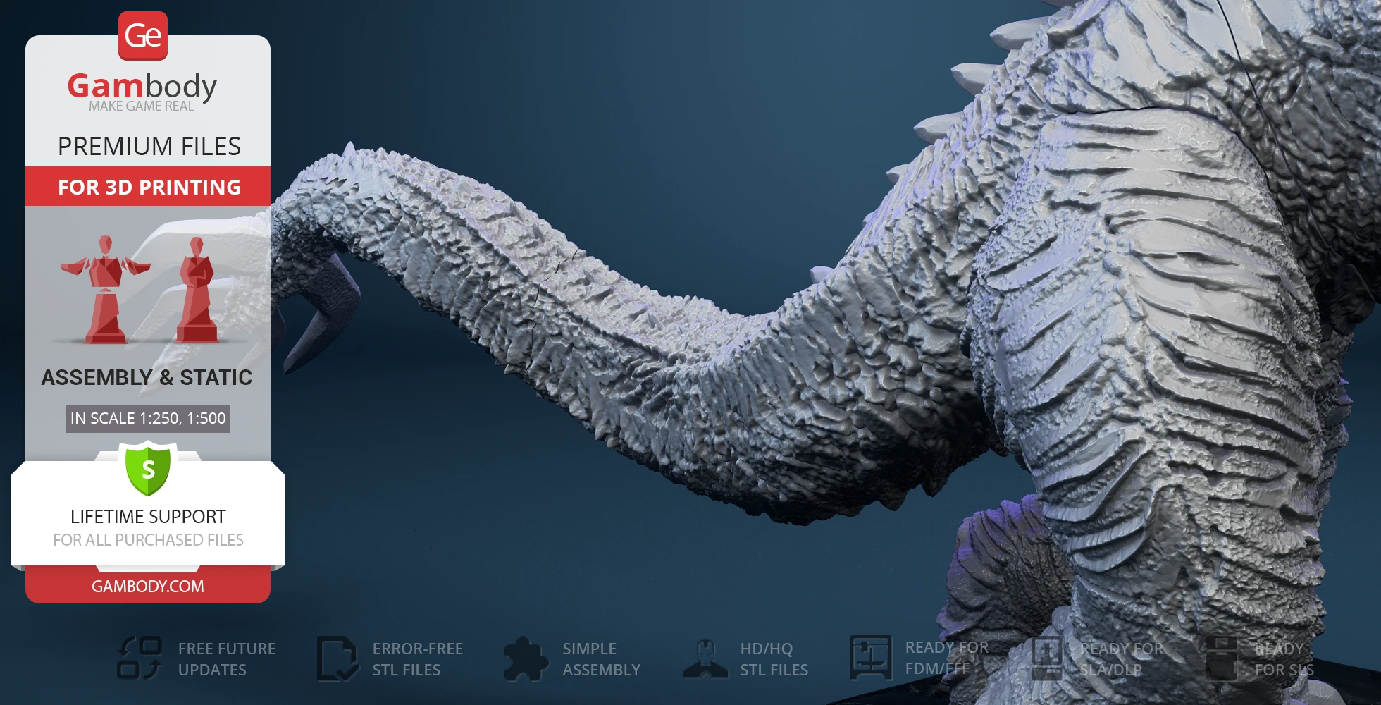 Textured kaiju tail and leg from a 3D model, showcasing detailed scales in grey tones.