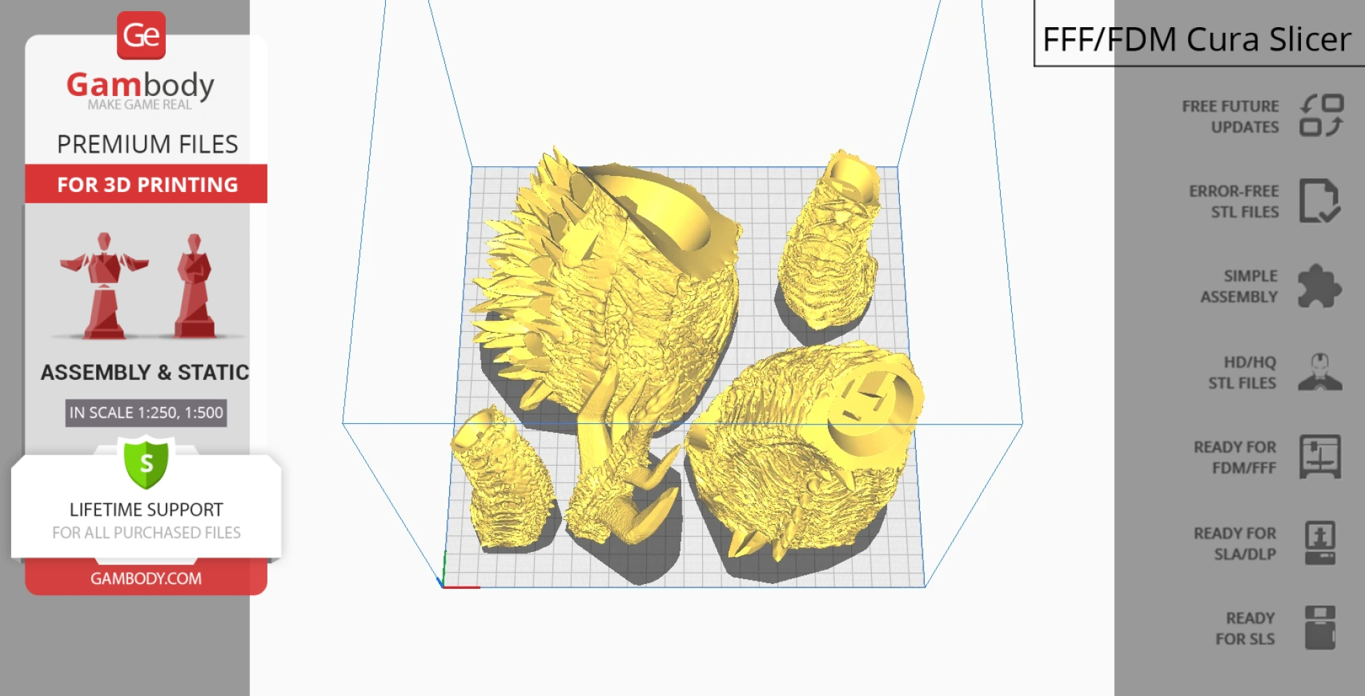 3D printing layout showing segmented kaiju model parts, with spikes and textured surfaces, in a slicing software.