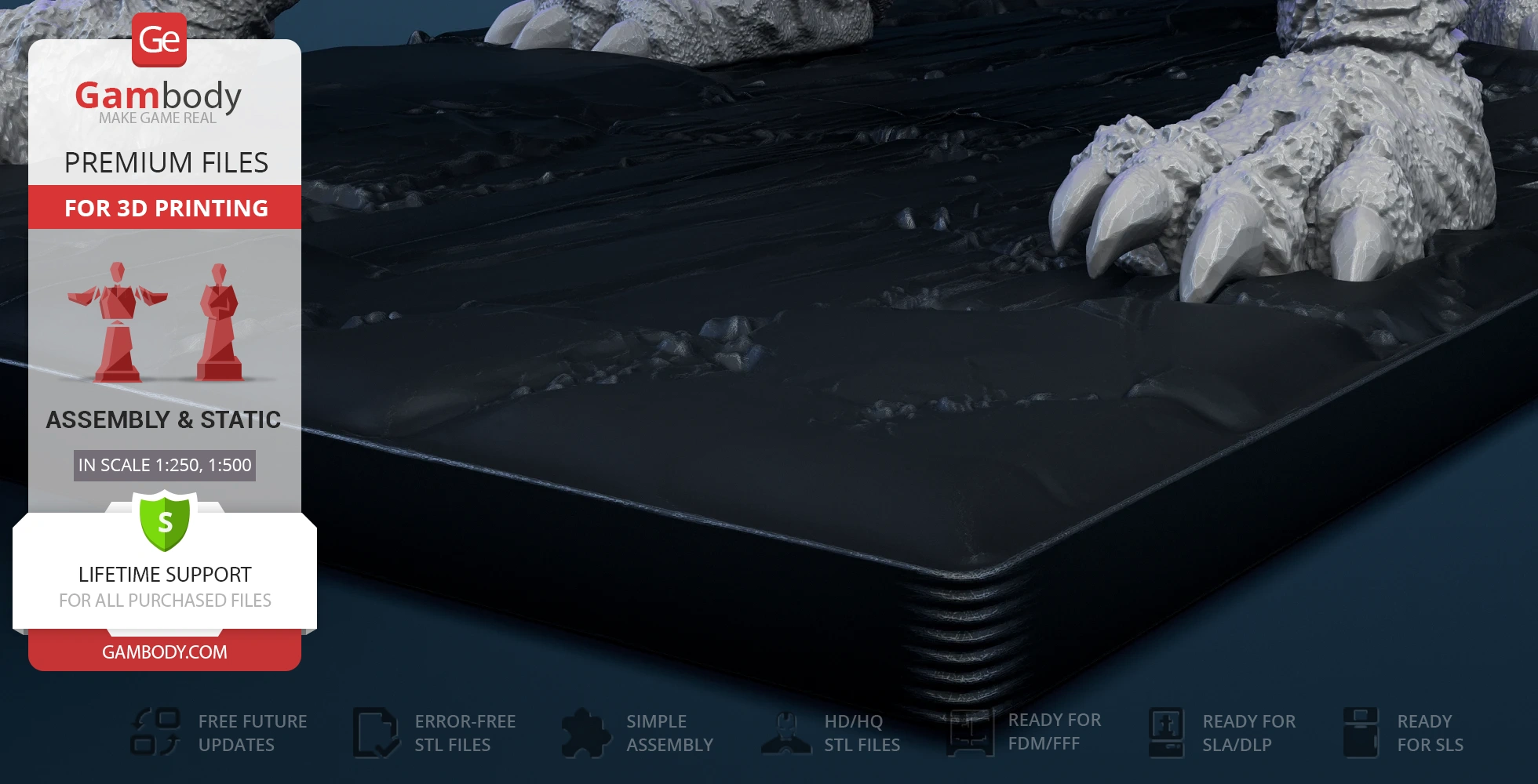 Close-up of a 3D-printed Kaiju claw on a textured surface, with Gambody branding and info card.