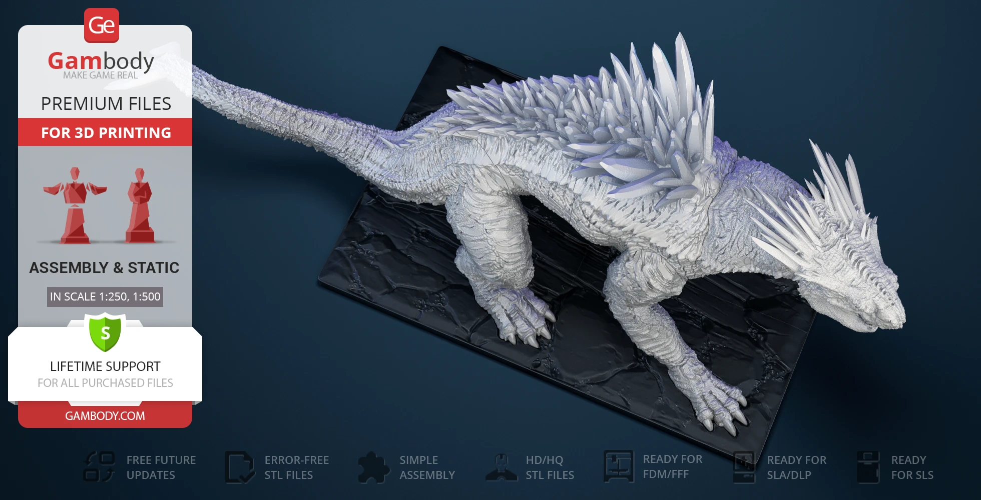 White, spiky kaiju model with detailed scales and claws on a textured base, designed for 3D printing.