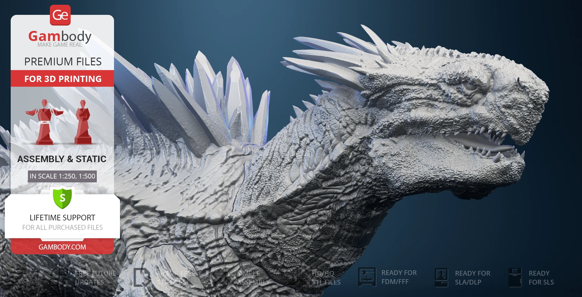 A detailed 3D model of a textured kaiju creature with sharp dorsal spikes and an open mouth showing teeth.