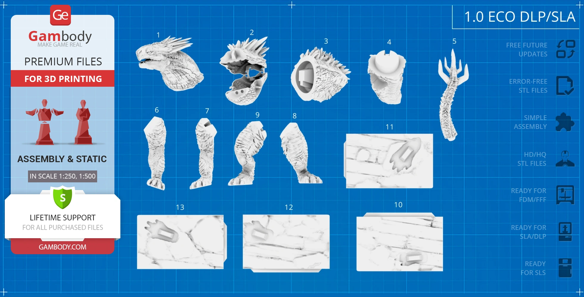3D model parts of a kaiju creature for printing, including head, limbs, and spiked body sections.