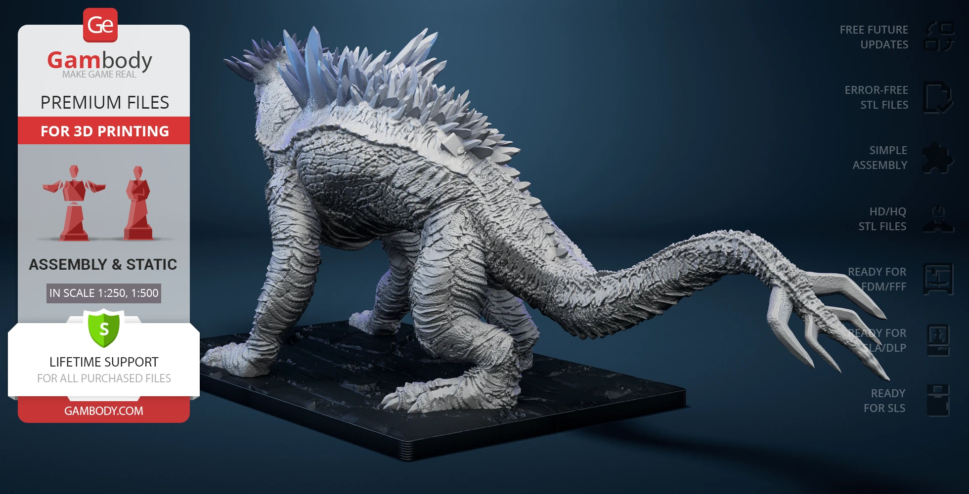 A detailed 3D model of a spiky kaiju creature in a crouched position, ready for 3D printing.
