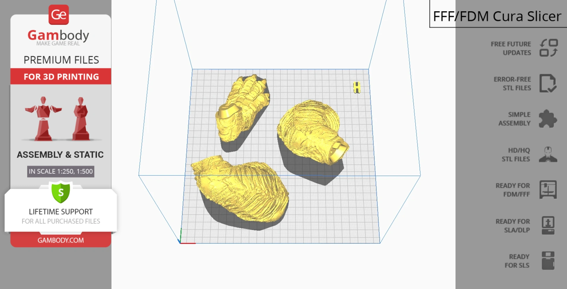 Three yellow 3D model pieces resembling textured kaiju limbs, viewed in a Cura slicer interface.