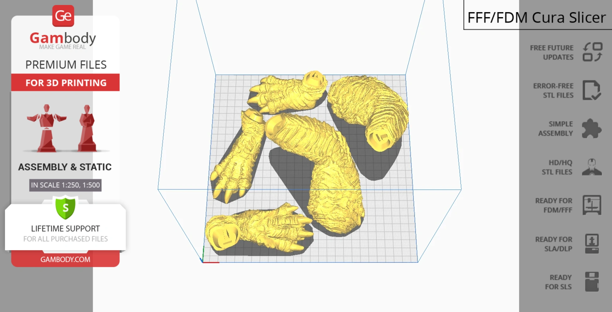 Four detailed, segmented kaiju limb models arranged in a 3D printing slicer.