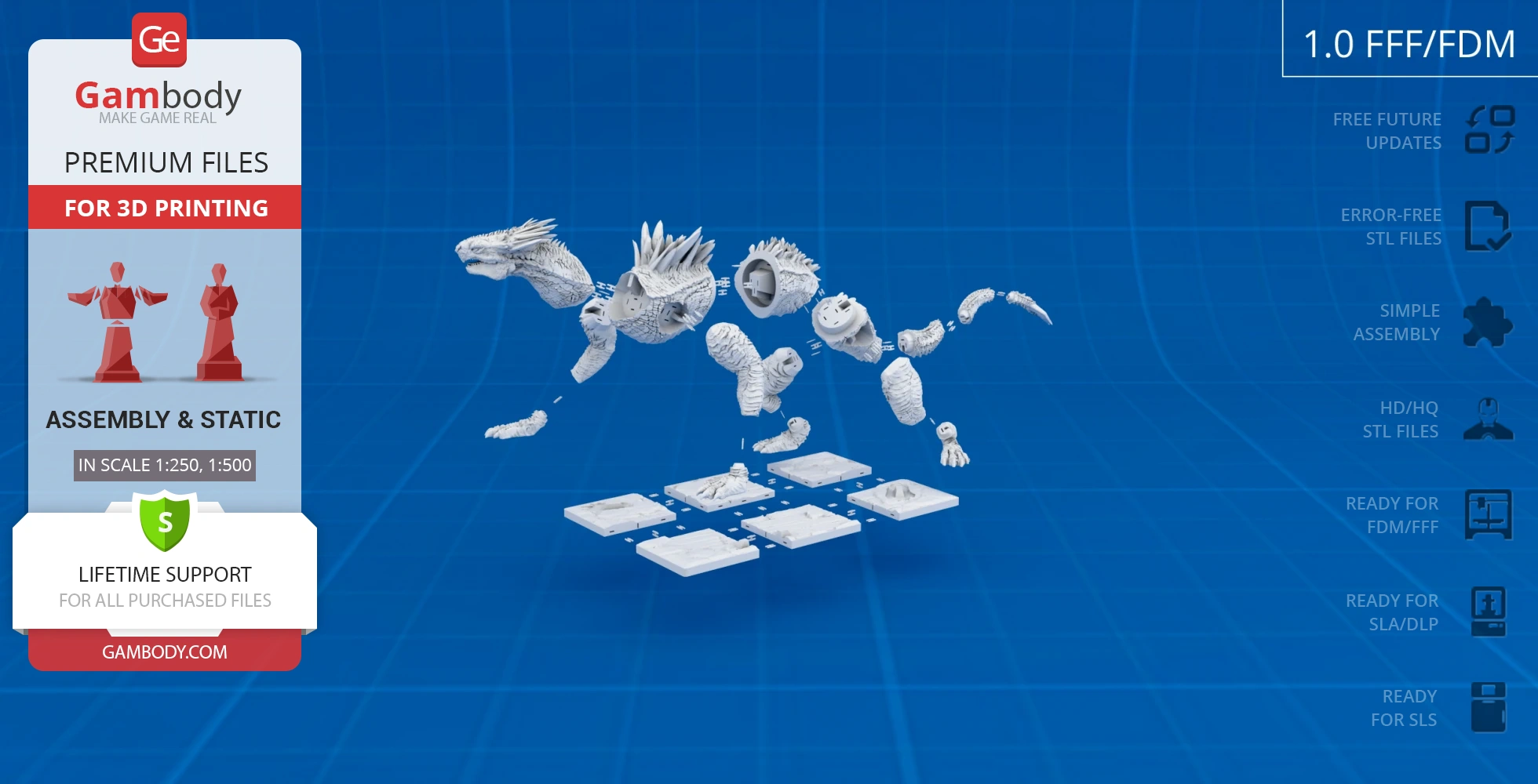 A segmented kaiju model for 3D printing, shown in assembly with detailed parts and base plates.
