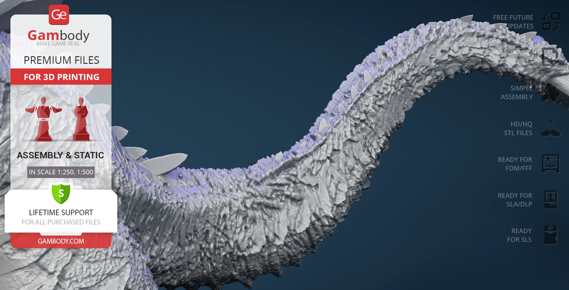Detailed 3D model of a textured Kaiju tail, available as STL files for 3D printing.