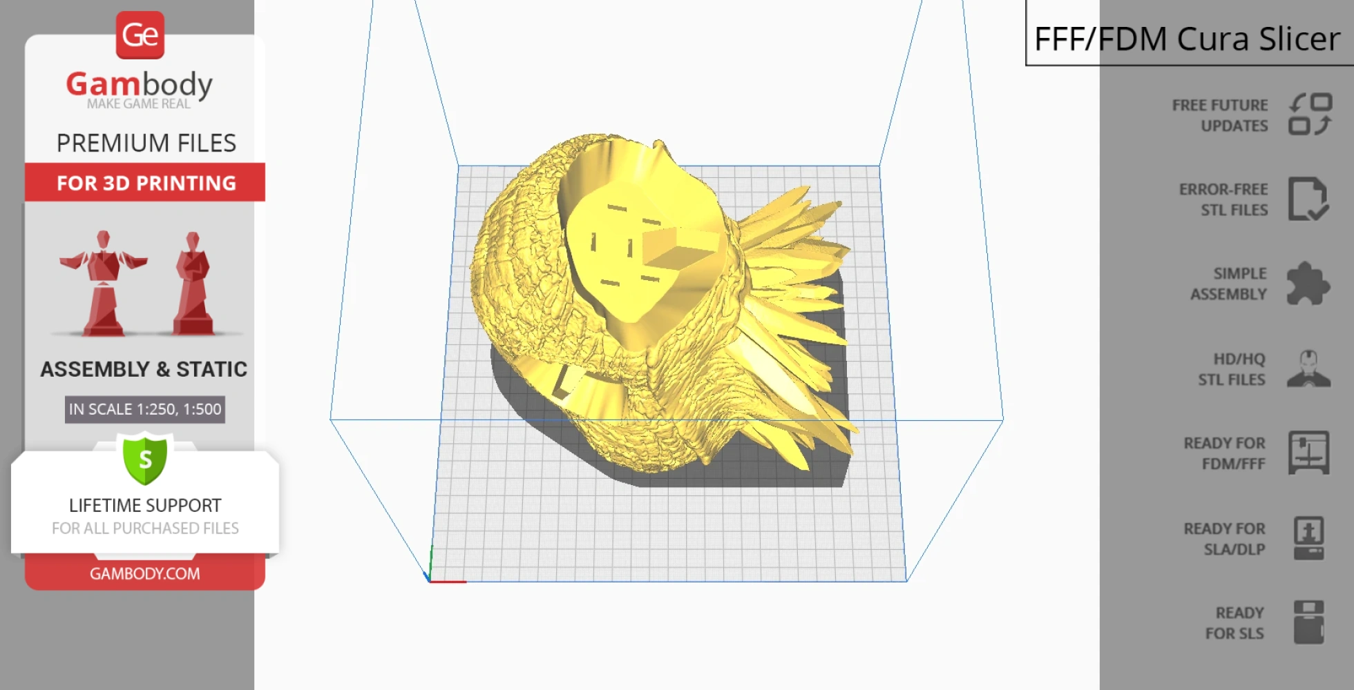Golden 3D model of a kaiju with scales and spikes inside a Cura slicer for 3D printing.